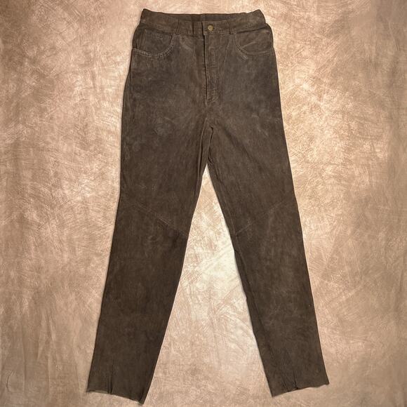 Vintage 90s Danielle Martin High Waisted Straight Leg Brown Leather Suede Pants - Picture 1 of 9